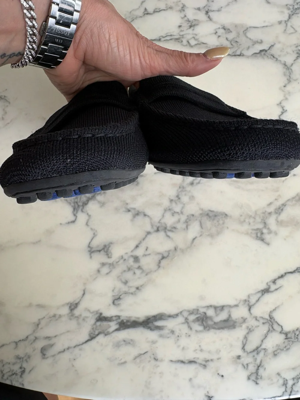 Rothy's The Driver slip-on loafer Black w/blue piping detail sz 9.5